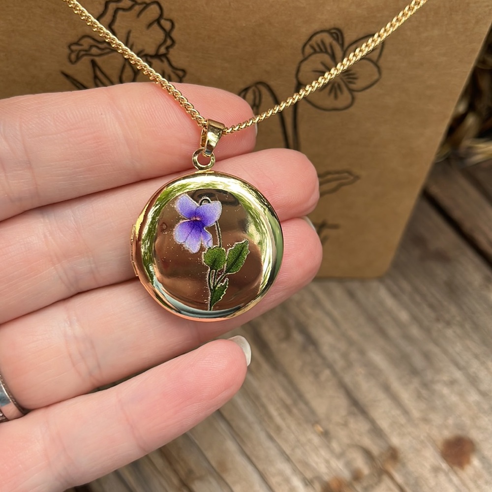 February Birth Flower Locket Necklace - Picture 3 of 11